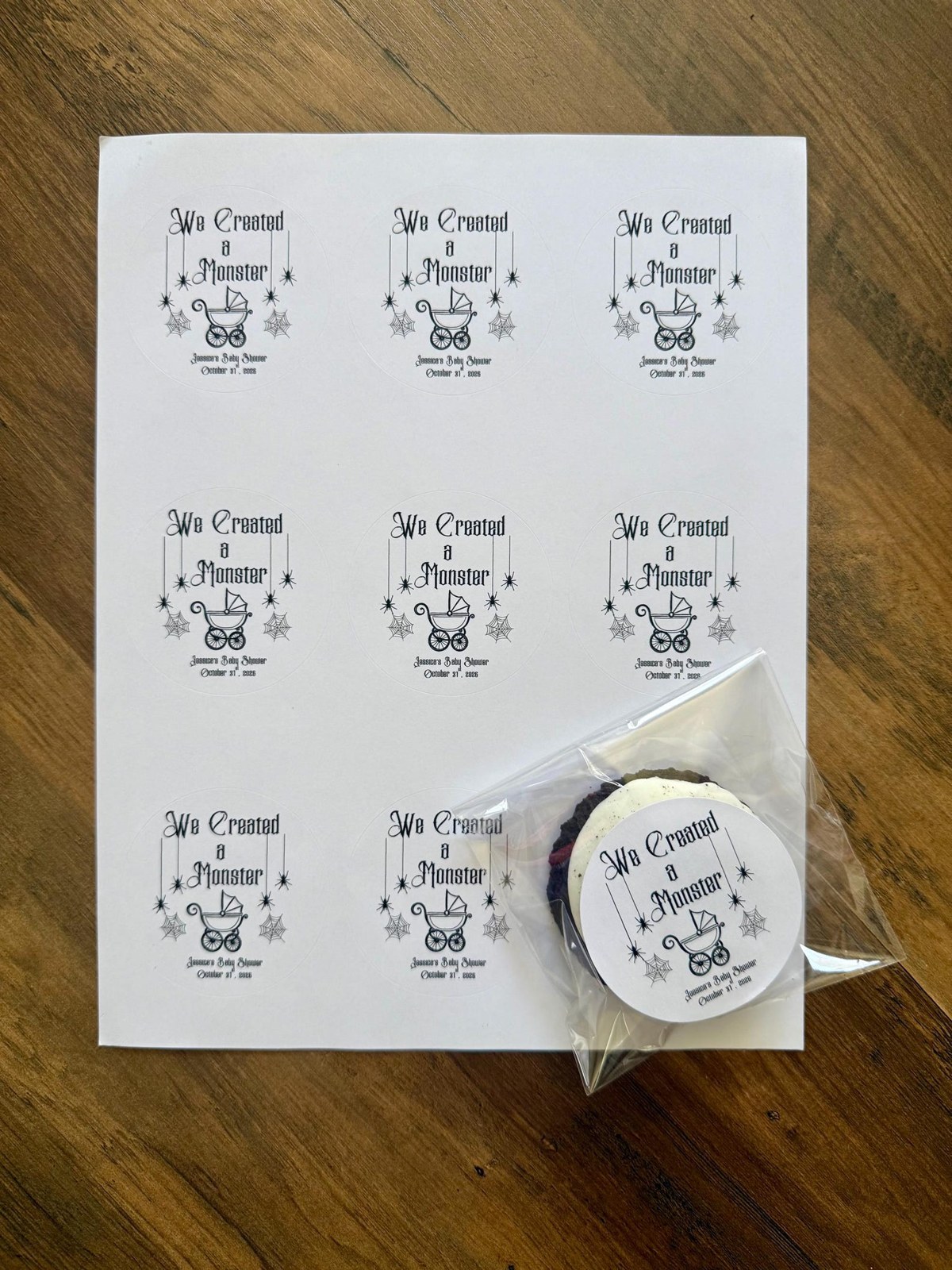 We created a monster baby shower favor sticker